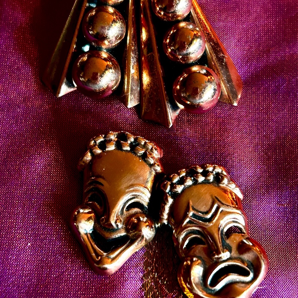 Renoir Copper Duo. Signed. Mid Century Modern. Mask Pin, and earrings.